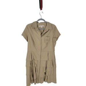Seamline Cynthia Steffe Tan Button Down Ruffle Shift Dress Cap Sleeve Size 12
